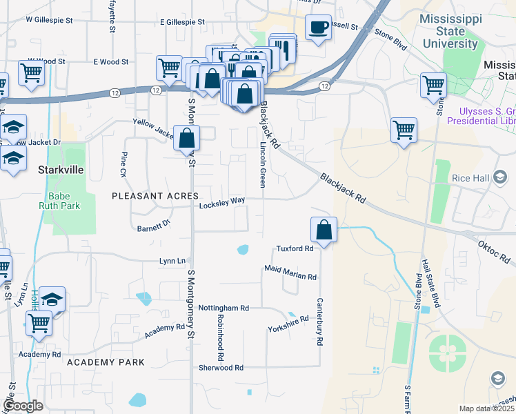 map of restaurants, bars, coffee shops, grocery stores, and more near 208 Lincoln Green in Starkville