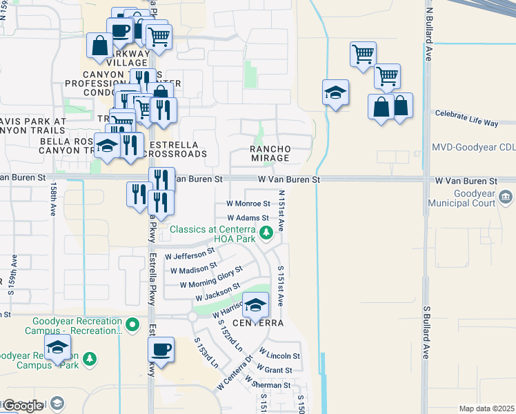 map of restaurants, bars, coffee shops, grocery stores, and more near 15159 West Monroe Street in Goodyear