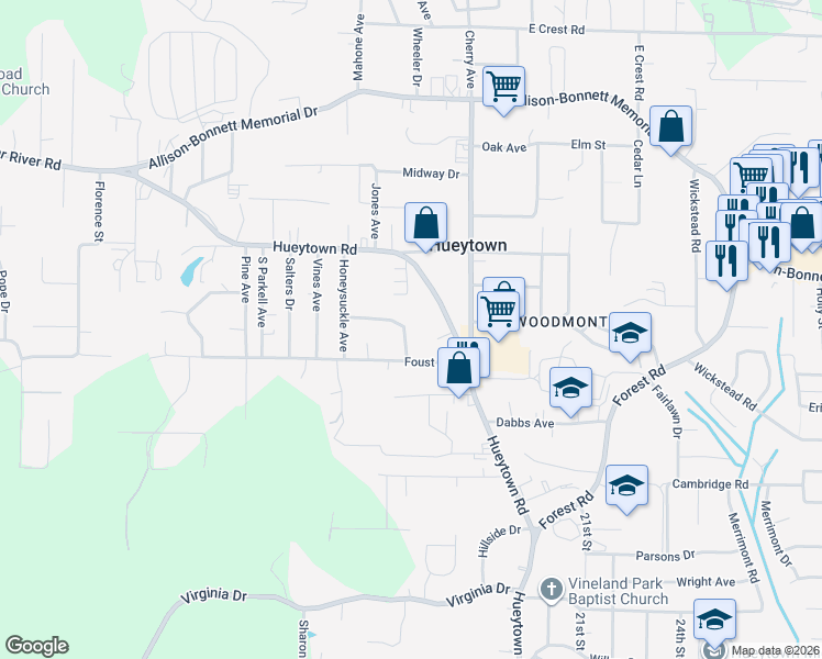map of restaurants, bars, coffee shops, grocery stores, and more near 105 Hammonds Street in Hueytown