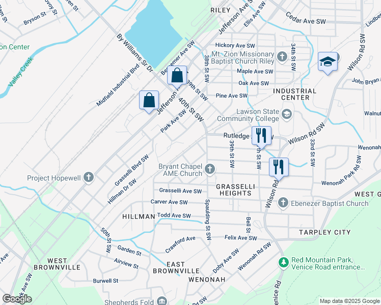 map of restaurants, bars, coffee shops, grocery stores, and more near 4133 Mineral Avenue Southwest in Birmingham