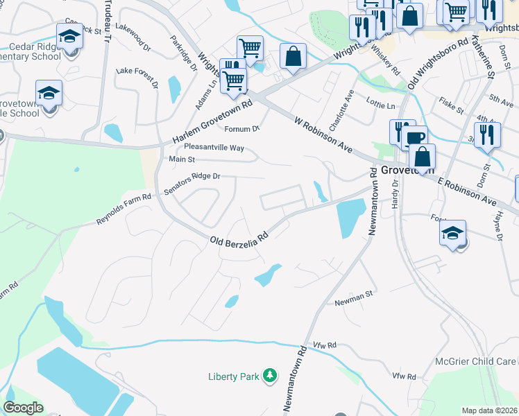 map of restaurants, bars, coffee shops, grocery stores, and more near 962 Arbor Springs Circle in Grovetown