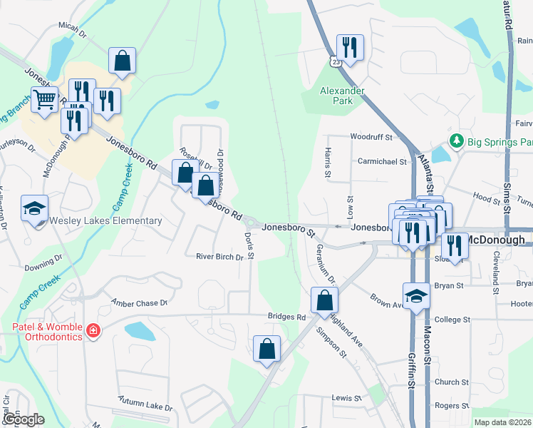 map of restaurants, bars, coffee shops, grocery stores, and more near 108 Jonesboro Street in McDonough