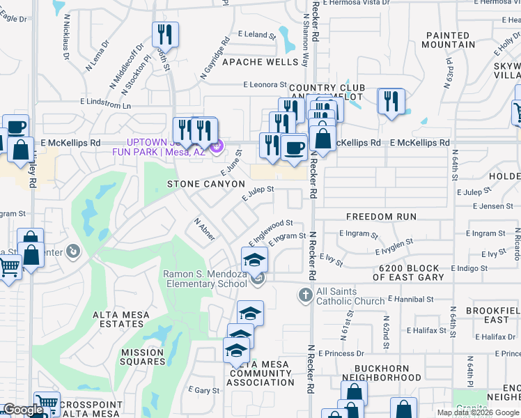 map of restaurants, bars, coffee shops, grocery stores, and more near 5841 East Jasmine Street in Mesa