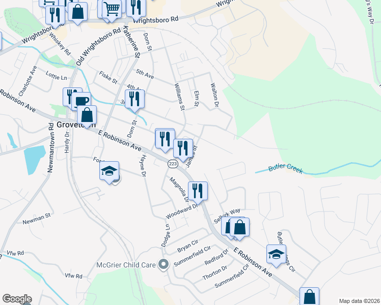 map of restaurants, bars, coffee shops, grocery stores, and more near 202 James Street in Grovetown