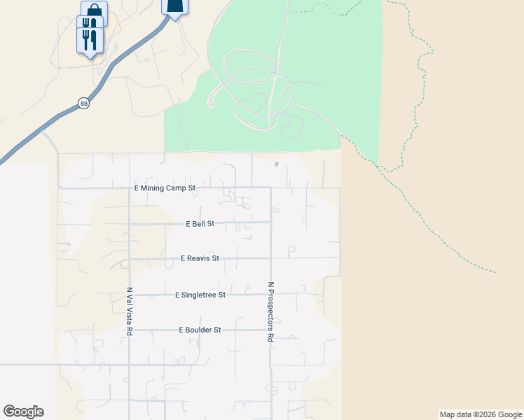 map of restaurants, bars, coffee shops, grocery stores, and more near 3690 North Prospectors Road in Apache Junction