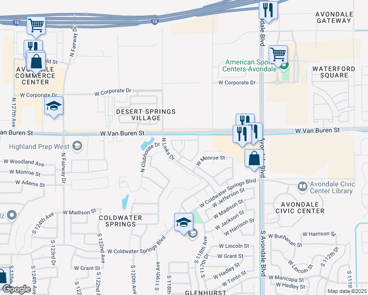 map of restaurants, bars, coffee shops, grocery stores, and more near 105 North Links Drive in Avondale