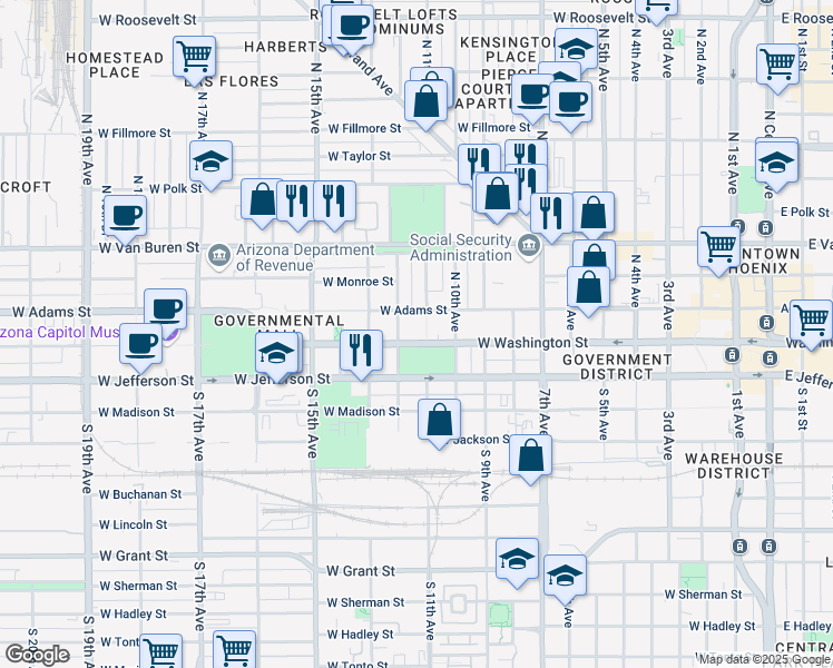 map of restaurants, bars, coffee shops, grocery stores, and more near 1108 West Washington Street in Phoenix