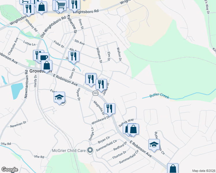 map of restaurants, bars, coffee shops, grocery stores, and more near 202 James Street in Grovetown