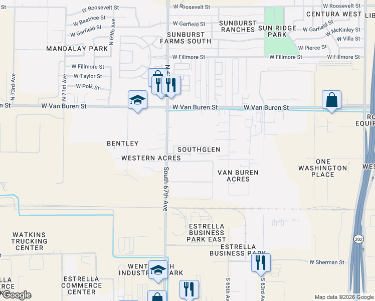 map of restaurants, bars, coffee shops, grocery stores, and more near 110 North 66th Avenue in Phoenix