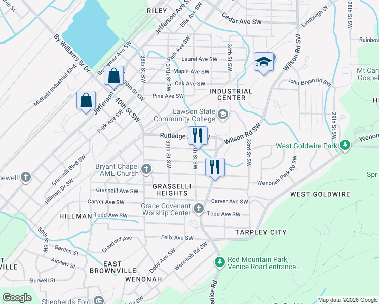 map of restaurants, bars, coffee shops, grocery stores, and more near 3707 Viola Avenue Southwest in Birmingham