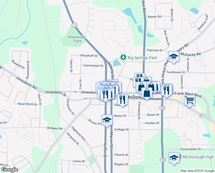 map of restaurants, bars, coffee shops, grocery stores, and more near 9 Atlanta Street in McDonough