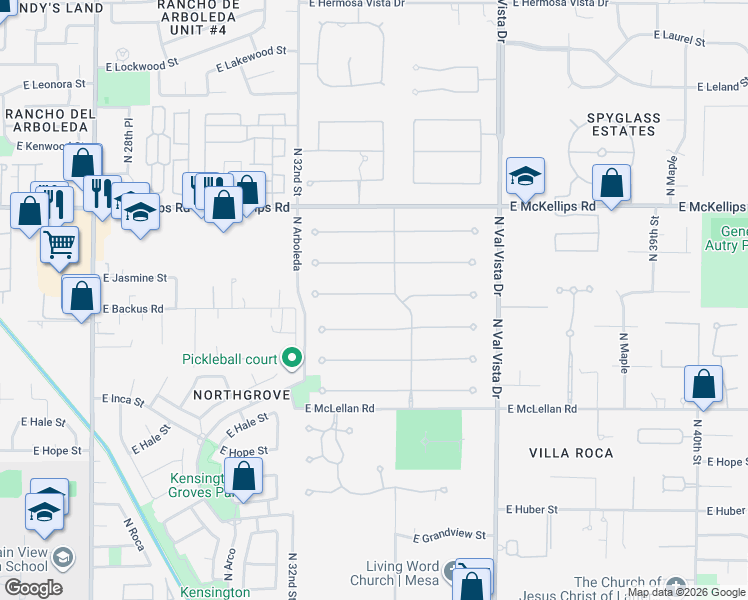 map of restaurants, bars, coffee shops, grocery stores, and more near 3341 East Jacaranda Circle in Mesa