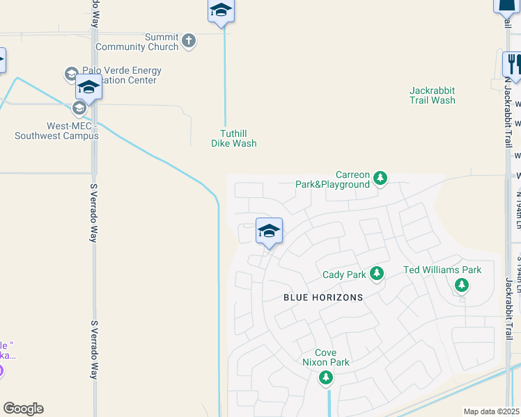 map of restaurants, bars, coffee shops, grocery stores, and more near 20210 West Mesquite Drive in Buckeye