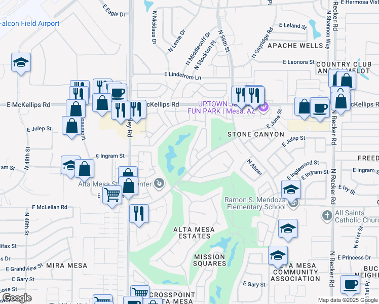 map of restaurants, bars, coffee shops, grocery stores, and more near 5450 East McLellan Road in Mesa