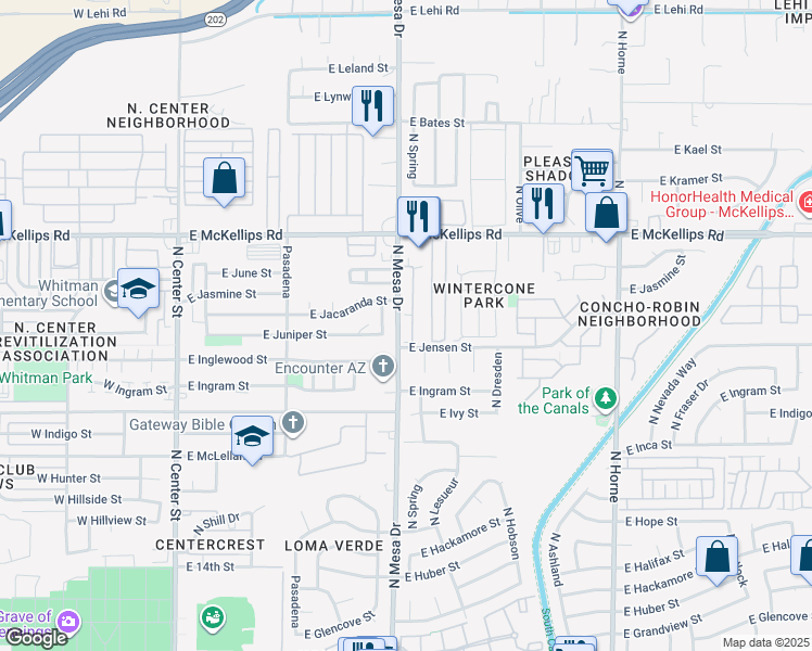 map of restaurants, bars, coffee shops, grocery stores, and more near 1826 North Spring in Mesa