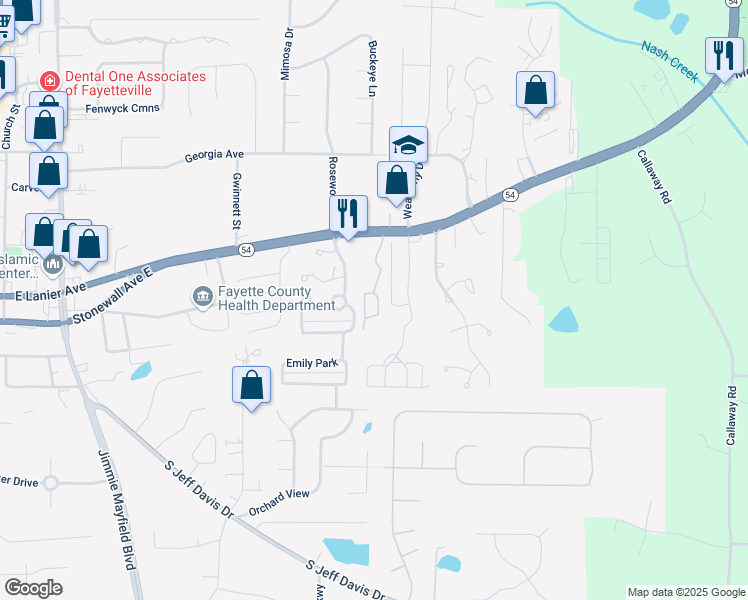 map of restaurants, bars, coffee shops, grocery stores, and more near 755 East Lanier Avenue in Fayetteville