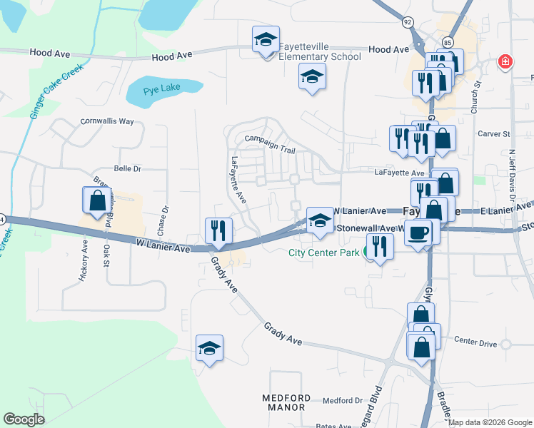 map of restaurants, bars, coffee shops, grocery stores, and more near 615 Lafayette Avenue in Fayetteville