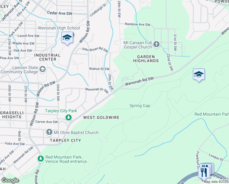 map of restaurants, bars, coffee shops, grocery stores, and more near 2733 Old Wenonah Road in Birmingham