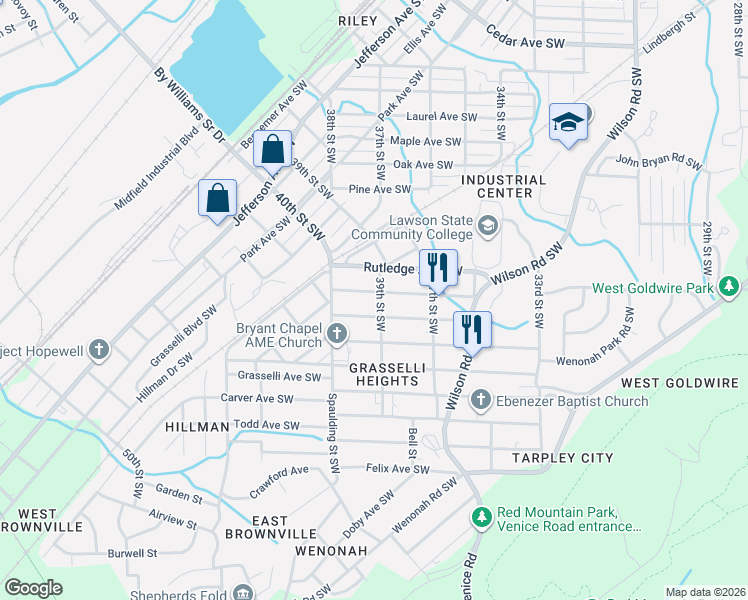 map of restaurants, bars, coffee shops, grocery stores, and more near 3743 Viola Avenue Southwest in Birmingham
