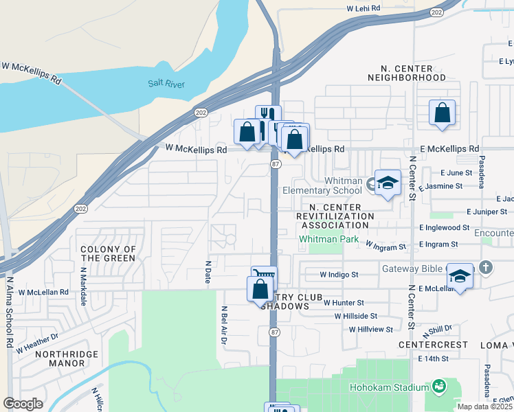 map of restaurants, bars, coffee shops, grocery stores, and more near 1812 North Country Club Cmns in Mesa