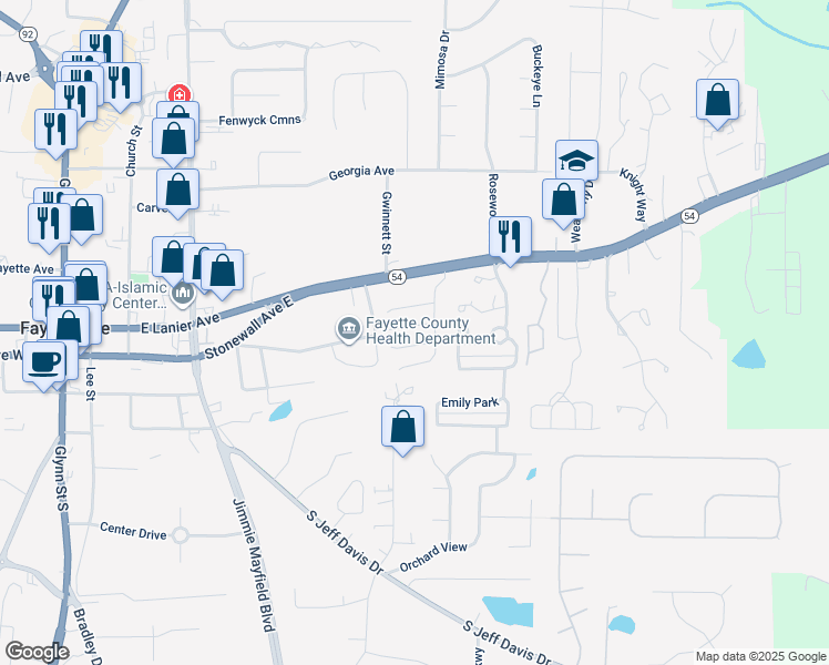map of restaurants, bars, coffee shops, grocery stores, and more near 150 Courtyard Lane in Fayetteville