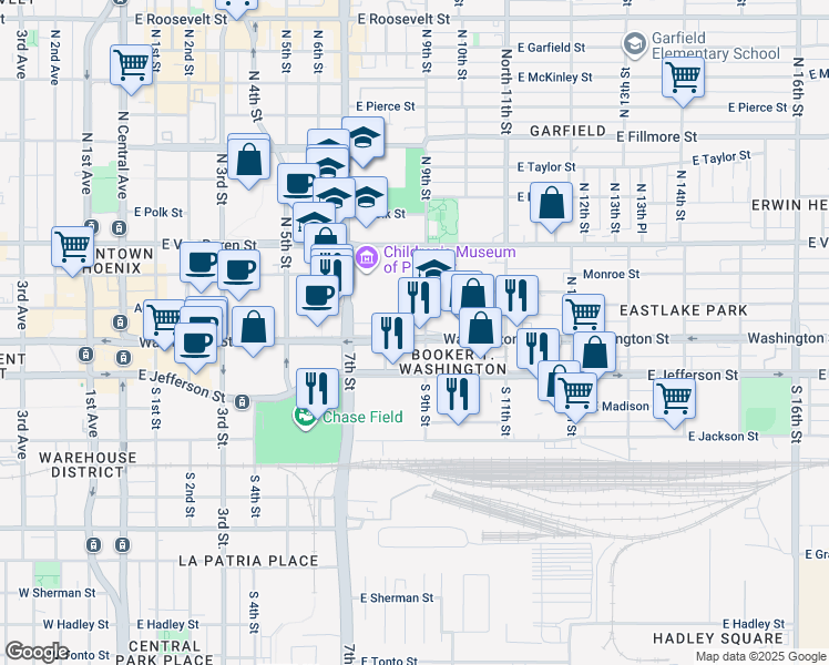 map of restaurants, bars, coffee shops, grocery stores, and more near 5 North 9th Street in Phoenix