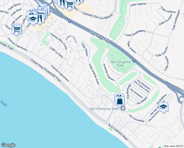 map of restaurants, bars, coffee shops, grocery stores, and more near 26982 Del Gado Road in San Clemente