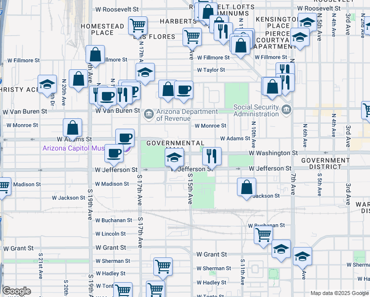 map of restaurants, bars, coffee shops, grocery stores, and more near 1502 West Washington Street in Phoenix