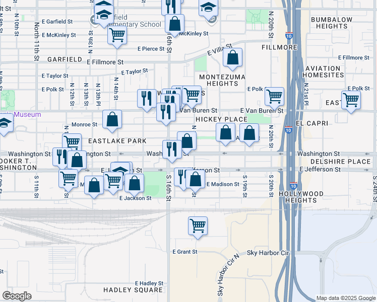 map of restaurants, bars, coffee shops, grocery stores, and more near 1646 East Washington Street in Phoenix