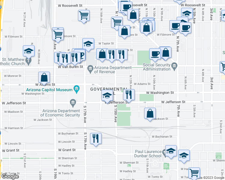 map of restaurants, bars, coffee shops, grocery stores, and more near 1502 West Washington Street in Phoenix