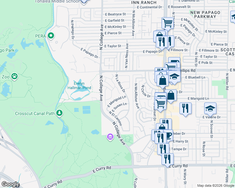 map of restaurants, bars, coffee shops, grocery stores, and more near 1648 North Ventura Lane in Tempe