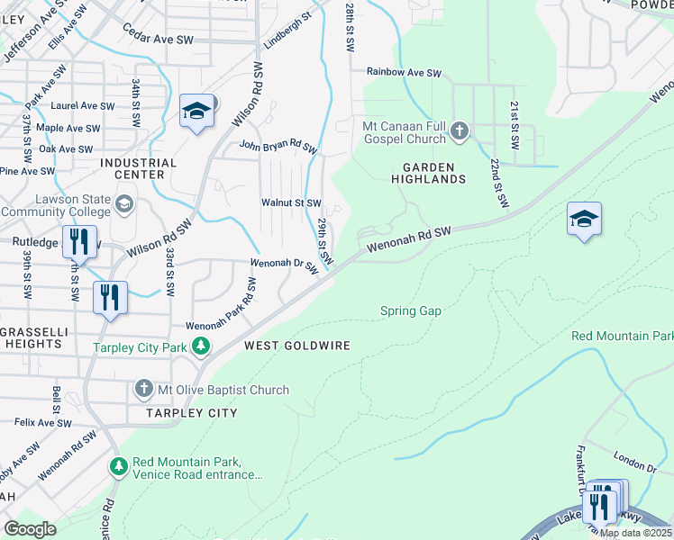 map of restaurants, bars, coffee shops, grocery stores, and more near 2800 Ishkooka-Wenonah Road Southwest in Birmingham