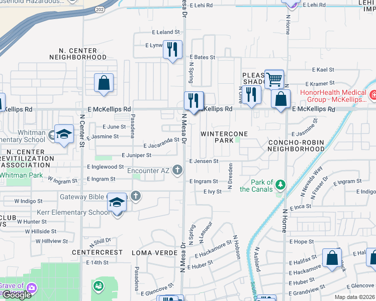 map of restaurants, bars, coffee shops, grocery stores, and more near 1826 North Spring in Mesa