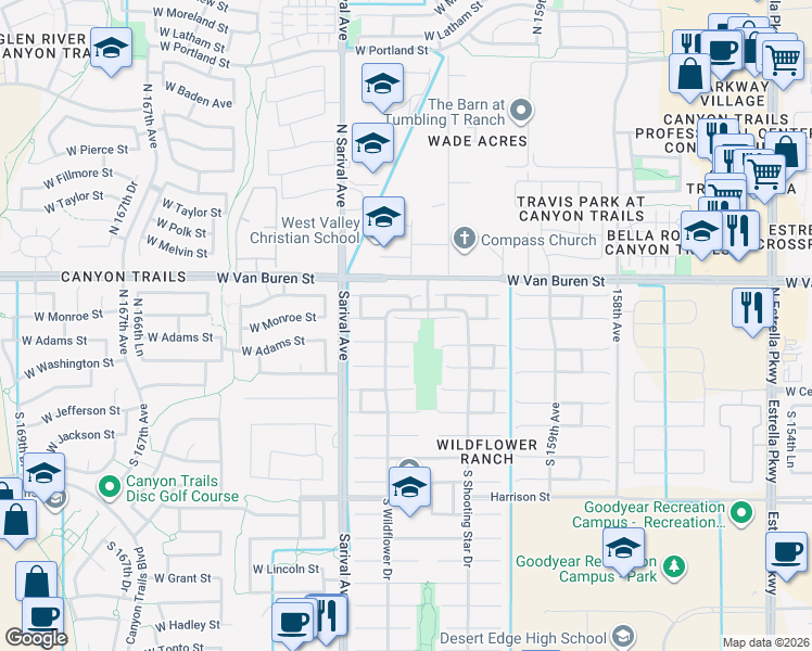 map of restaurants, bars, coffee shops, grocery stores, and more near 16181 W Monroe St in Goodyear