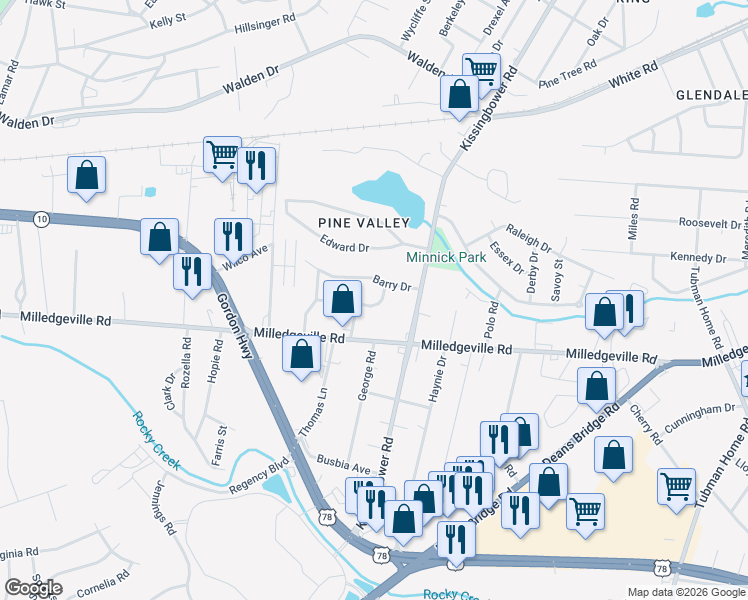 map of restaurants, bars, coffee shops, grocery stores, and more near 2713 Pine Valley Rd in Augusta
