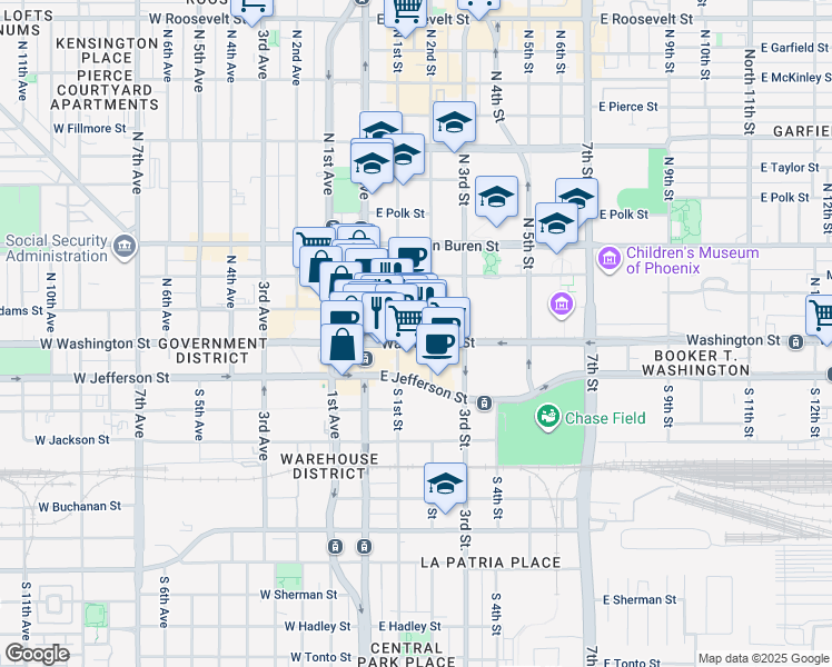 map of restaurants, bars, coffee shops, grocery stores, and more near in Phoenix