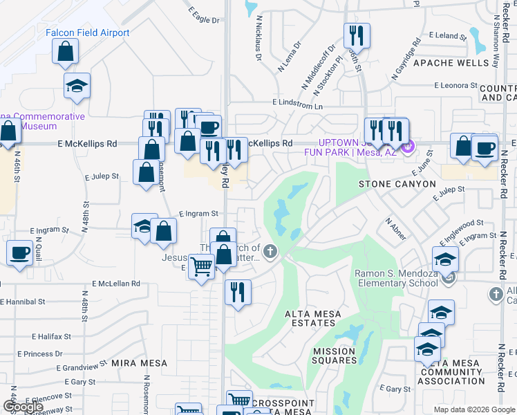 map of restaurants, bars, coffee shops, grocery stores, and more near 5250 East Ingram Street in Mesa