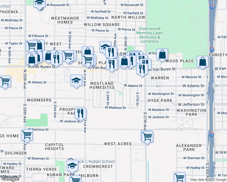 map of restaurants, bars, coffee shops, grocery stores, and more near 2901 West Washington Street in Phoenix