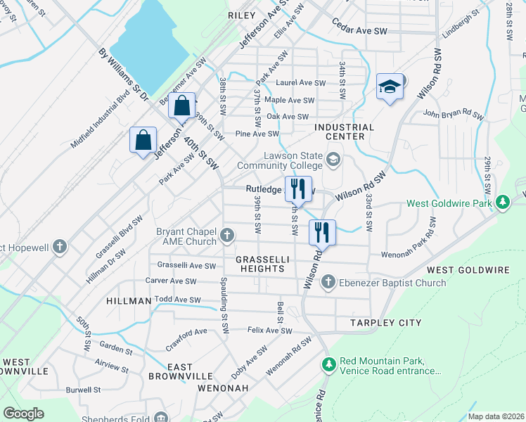 map of restaurants, bars, coffee shops, grocery stores, and more near 3743 Viola Ave SW in Birmingham