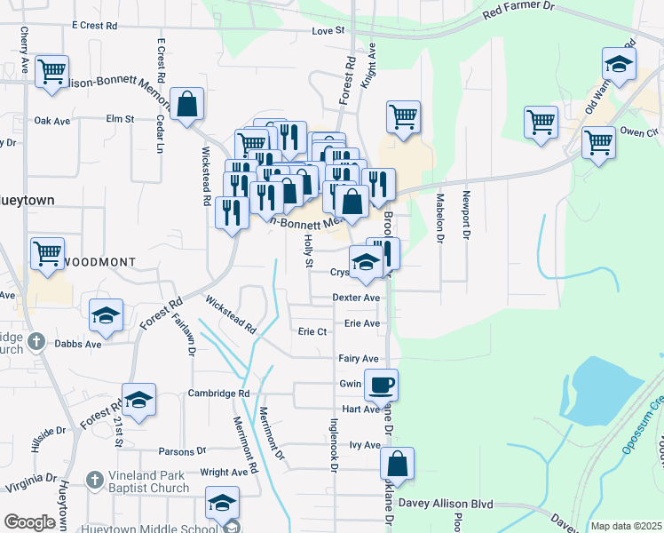 map of restaurants, bars, coffee shops, grocery stores, and more near 137 Crystal Avenue in Hueytown