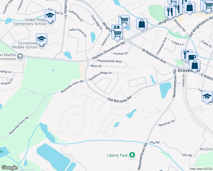 map of restaurants, bars, coffee shops, grocery stores, and more near 6207 Freedom Circle in Grovetown