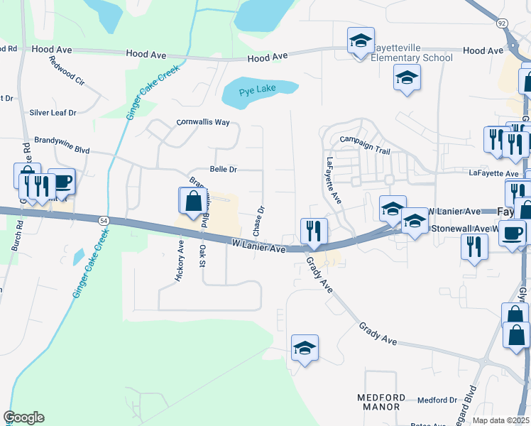 map of restaurants, bars, coffee shops, grocery stores, and more near 155 Chase Drive in Fayetteville