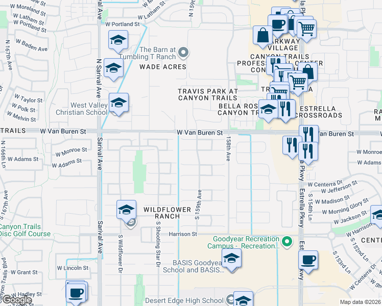 map of restaurants, bars, coffee shops, grocery stores, and more near 15967 West Monroe Street in Goodyear