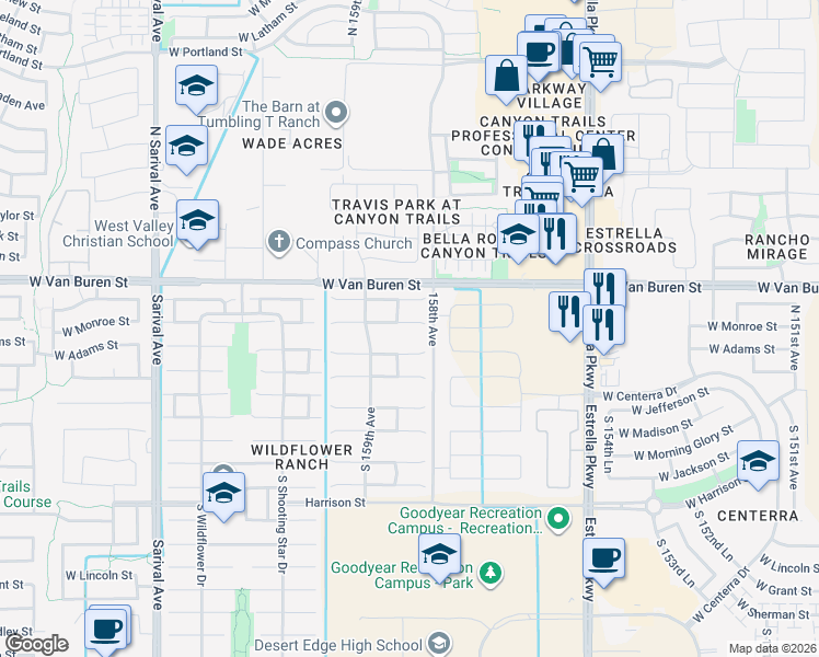 map of restaurants, bars, coffee shops, grocery stores, and more near 15833 West Monroe Street in Goodyear