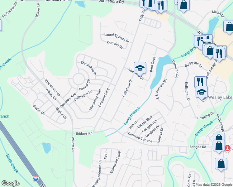 map of restaurants, bars, coffee shops, grocery stores, and more near 413 Kelly Road in McDonough