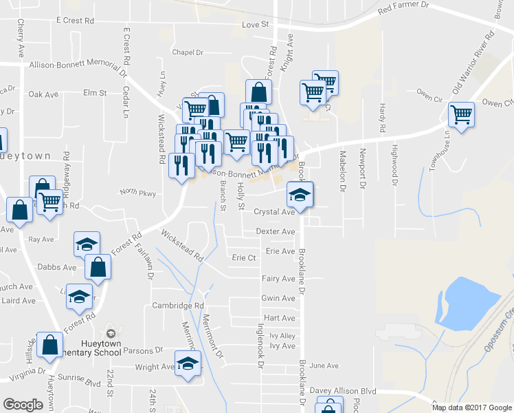 map of restaurants, bars, coffee shops, grocery stores, and more near 135 Crystal Avenue in Hueytown
