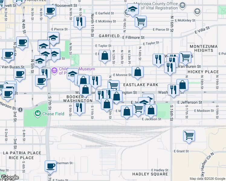 map of restaurants, bars, coffee shops, grocery stores, and more near 1212 East Washington Street in Phoenix