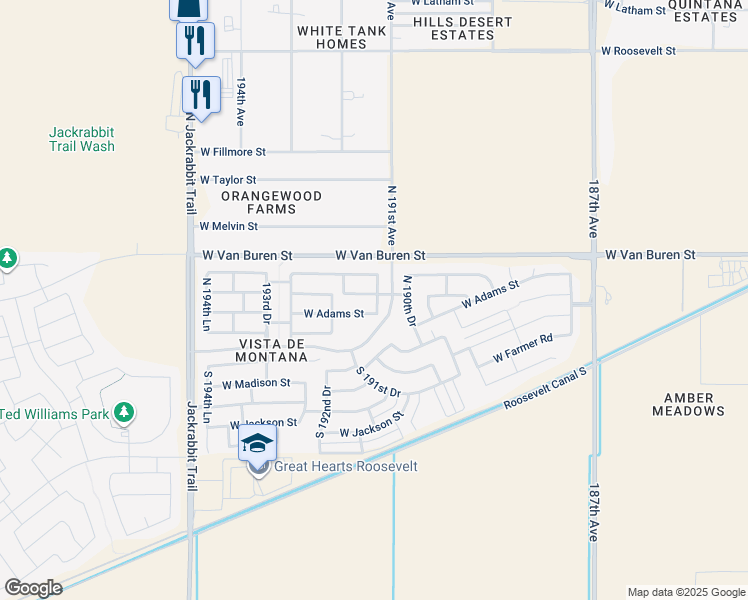map of restaurants, bars, coffee shops, grocery stores, and more near 19161 West Monroe Street in Buckeye