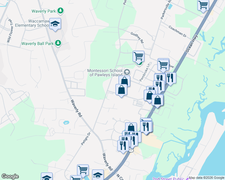 map of restaurants, bars, coffee shops, grocery stores, and more near 2364 Petigru Drive in Pawleys Island