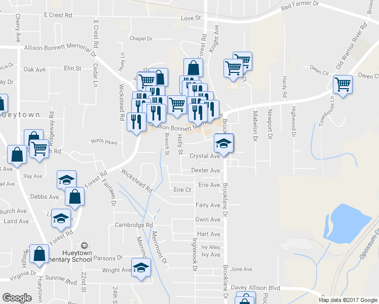 map of restaurants, bars, coffee shops, grocery stores, and more near 137 Crystal Avenue in Hueytown